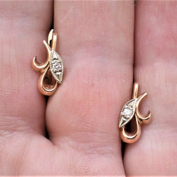 Vintage Soviet USSR Solid 14K 583 Rose Pink White Gold Diamond Pierced Earrings - Picture 6 of 6